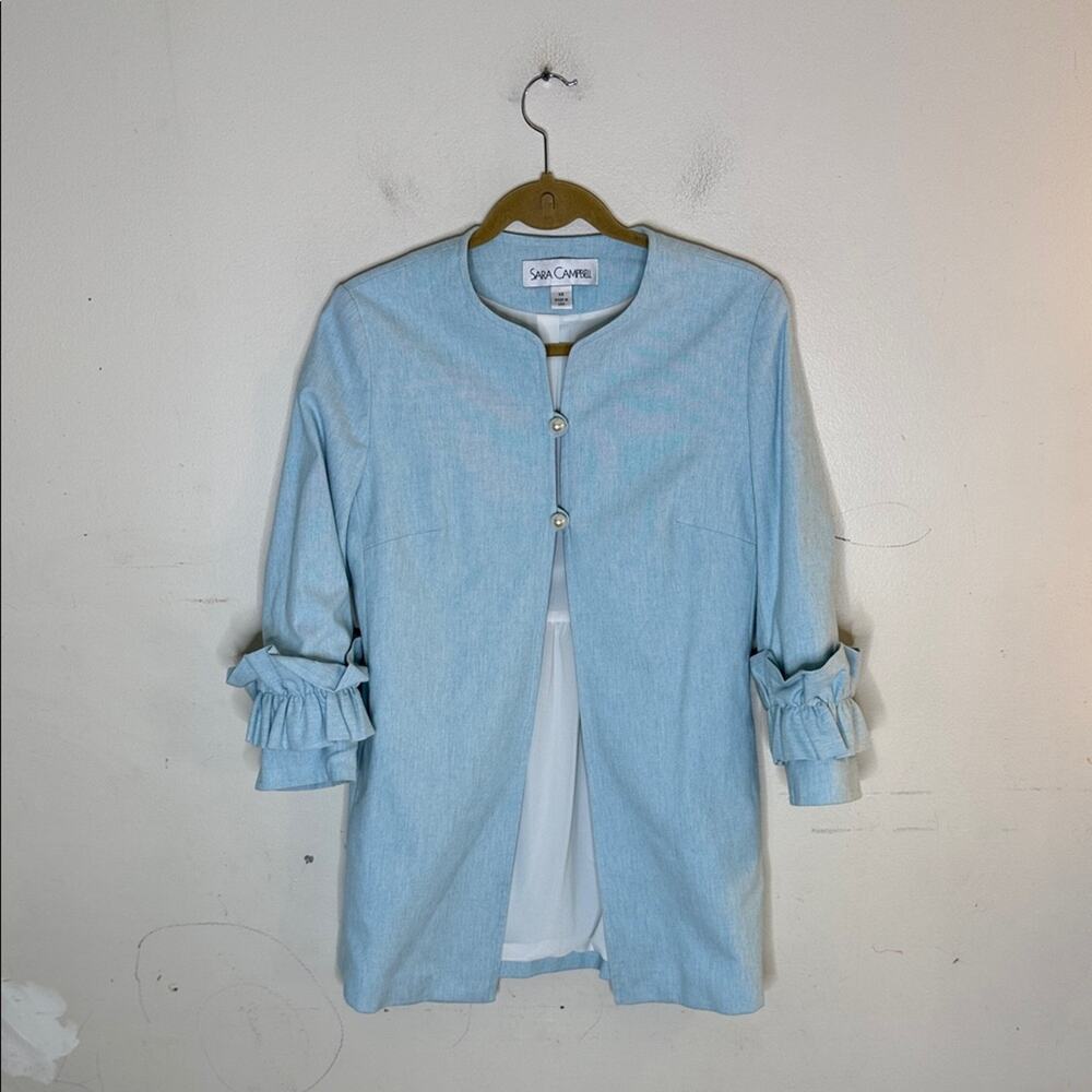 Sara Campbell Sky Blue Ruffle Sleeve Pearl Button Coat Size XS